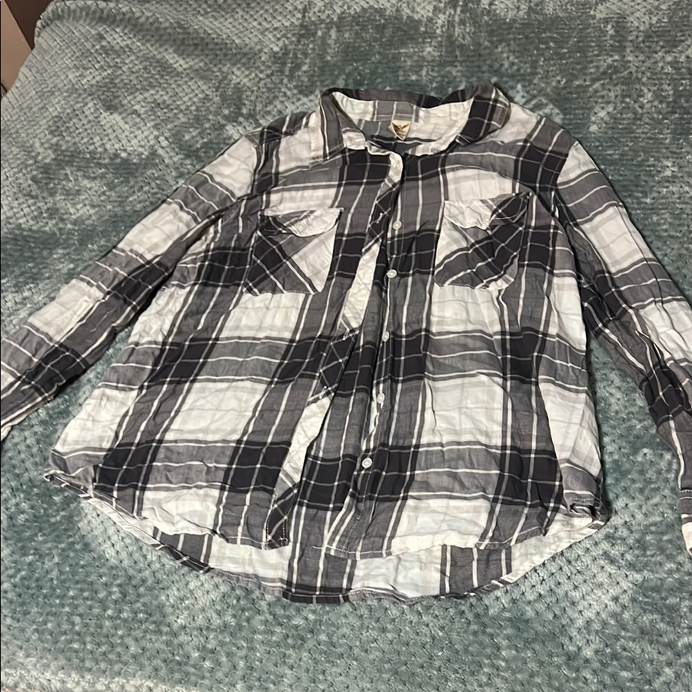 Faded Glory Black and White Button Down Shirt Classic Plaid